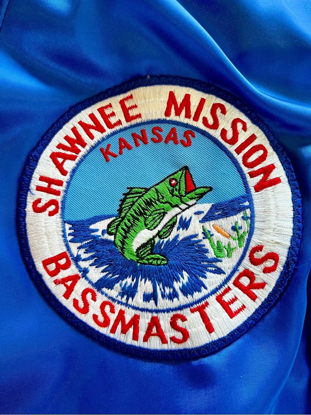 Vintage Shawnee Mission Bassmasters Blue Satin Bomber Jacket with Embroidery